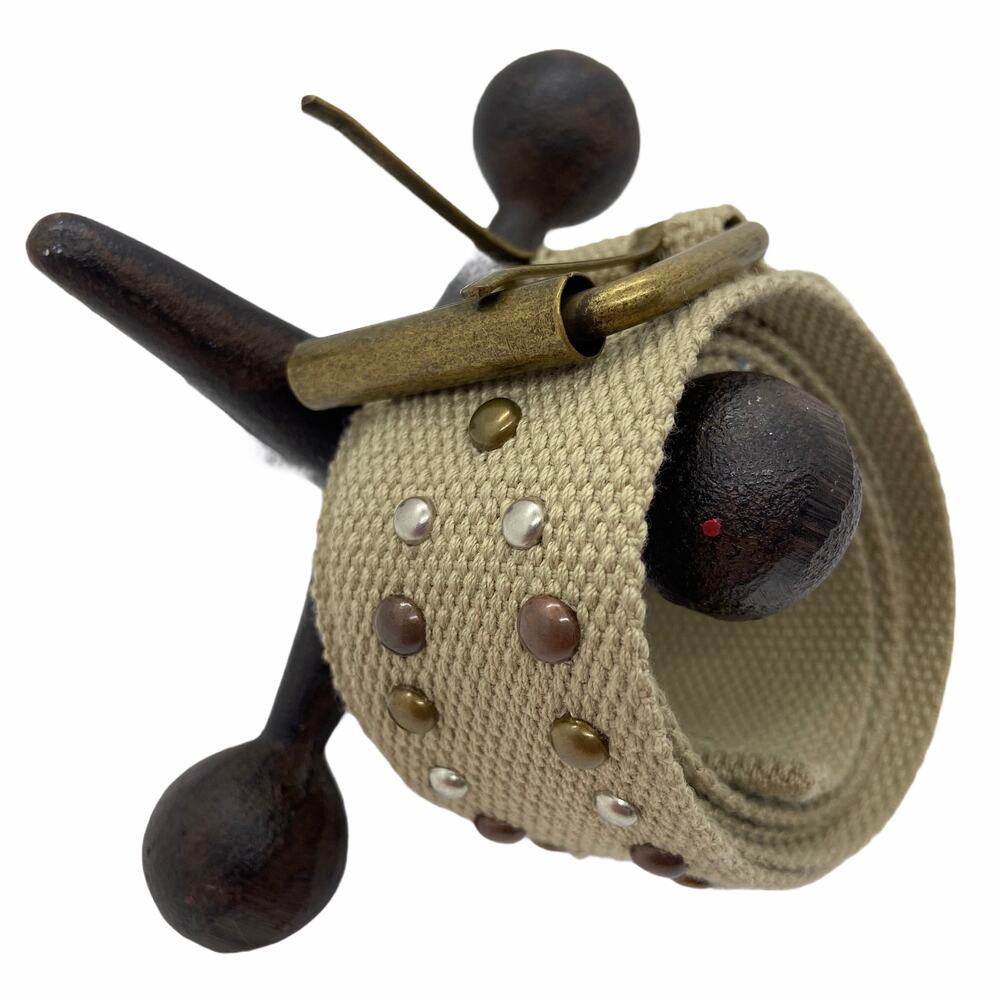 Retro 90s Belt Tan Canvas Studded Brass Buckle Belt Size 10 Military Vibe 90s